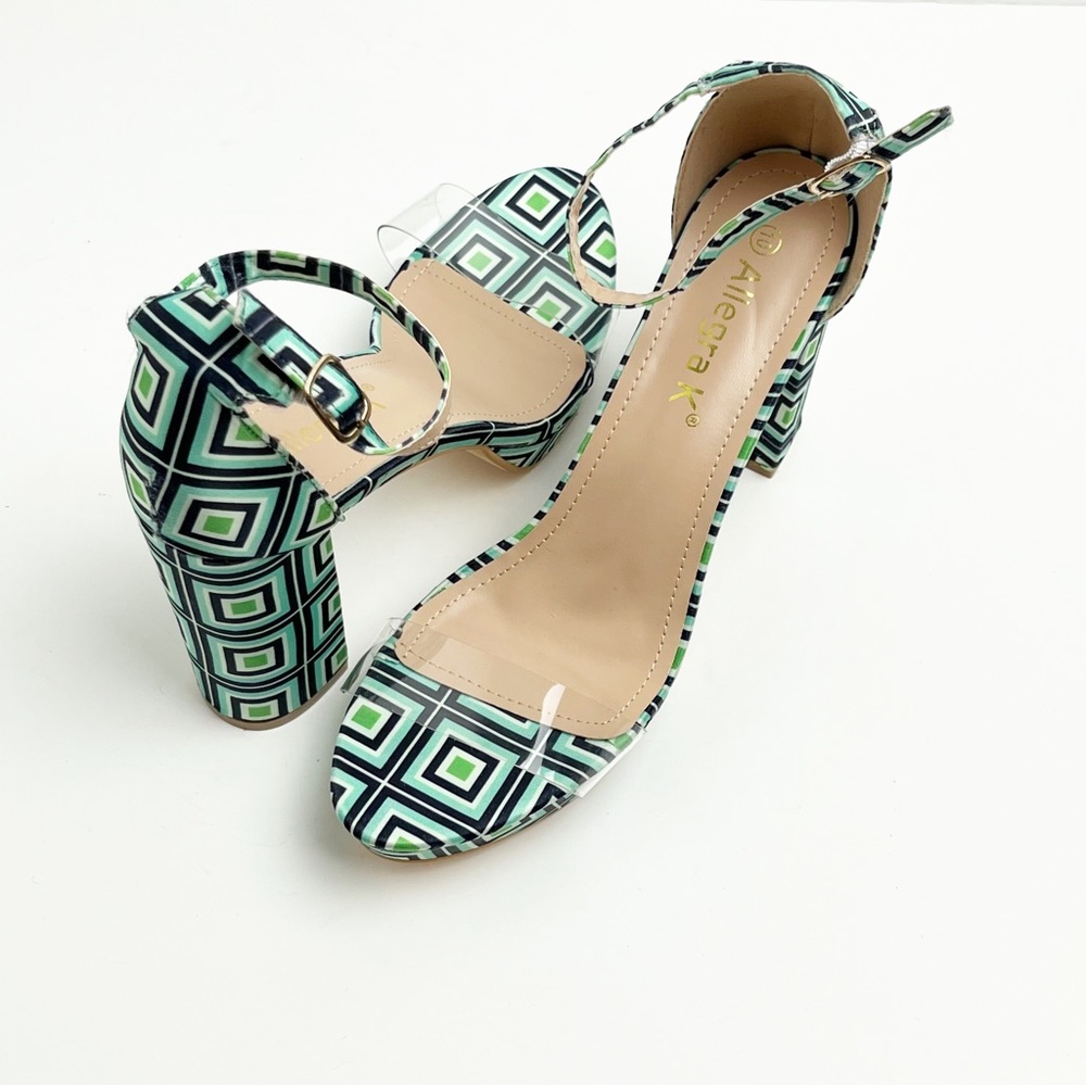 ALLEGRA K Printed Adjustable Ankle Straps Clear Platform Chunky Heels, Size 10
